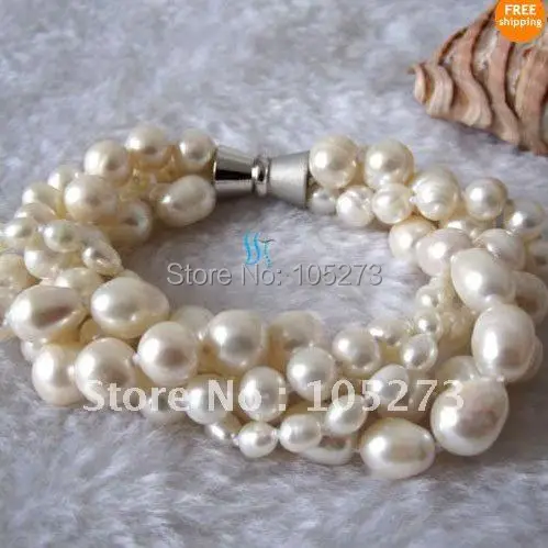 

Amazing!pearl bracelet 4Row white color Genuine Freshwater pearl AA 3-10MM White Magnet clasp woman's jewelry free shipping N198