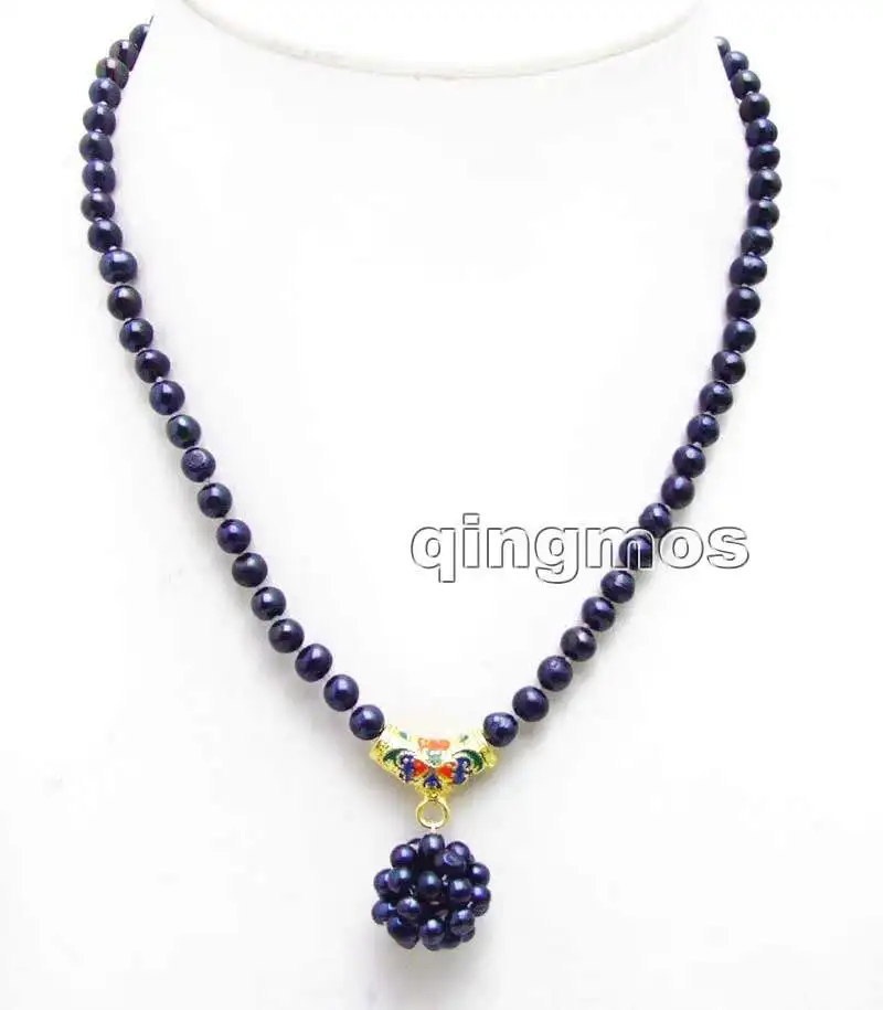 4-5mm Natural Black Round Pearl & handwork Weaving 18-19mm Round Ball Pendant 17'' Necklace-nec6214 Wholesale/retail free