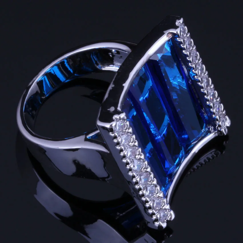 Glamorous Rectangle Blue Cubic Zirconia White CZ Silver Plated Ring V1065