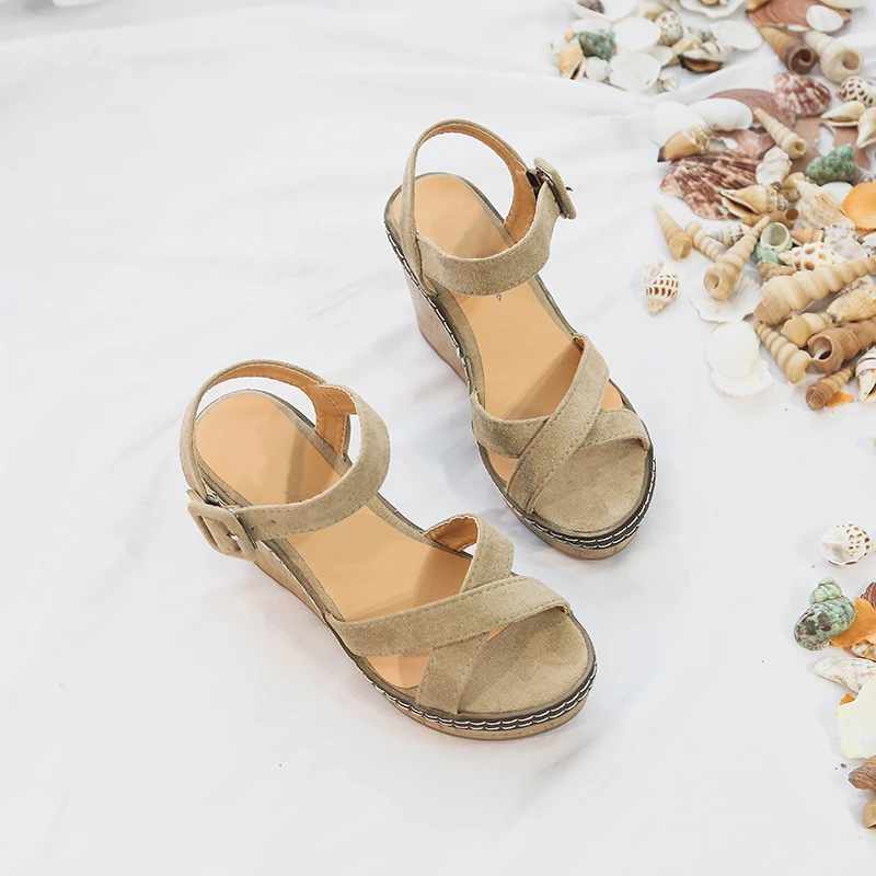 Aphixta-sandalias de cuña con punta abierta para mujer, zapatos con hebilla, plataforma a la moda, tacón superalto de 10cm, para verano