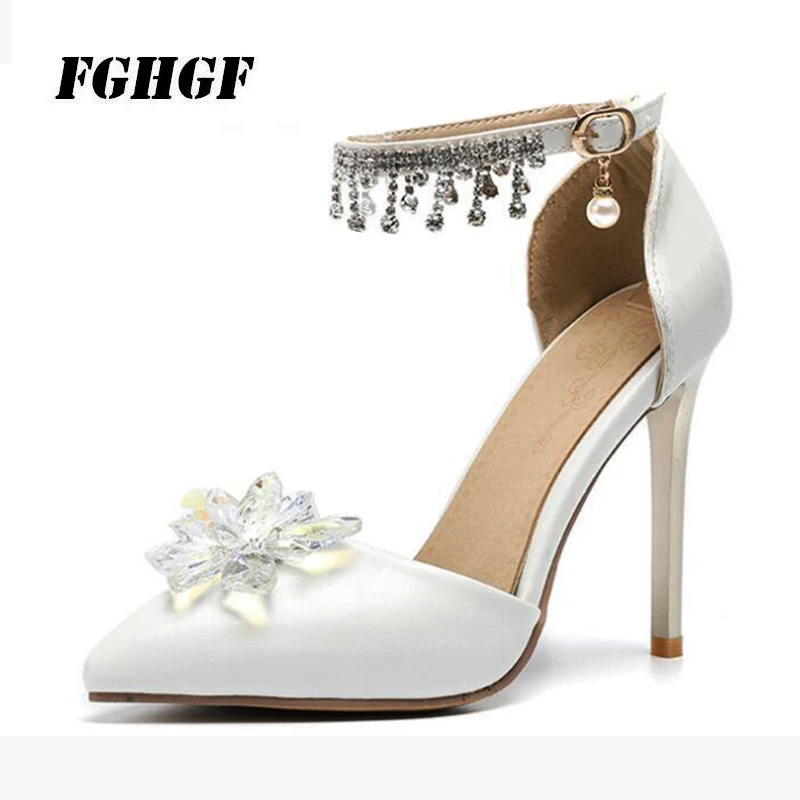 Fashion new foreign trade fine crystal wedding shoes Cinderella baotou sandals banquet shoes button water drill shoes size 32-47