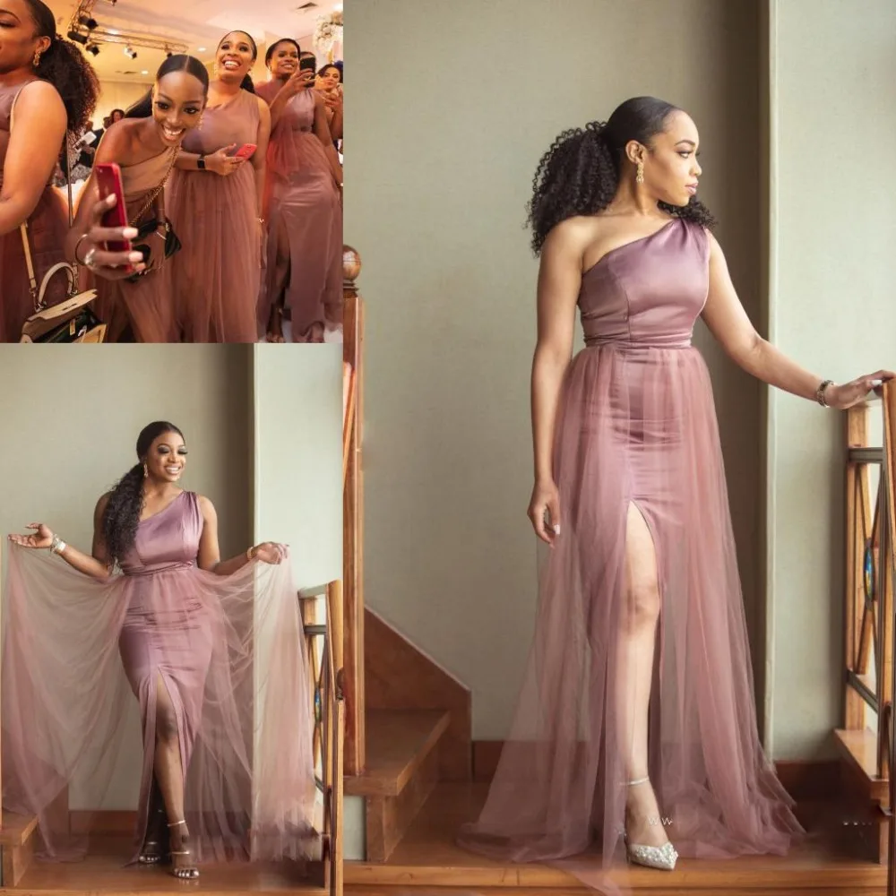 

Plus Size Sheath Bridesmaid Dresses 2019 African One Shoulder Sleeveless vestido longo Side Split