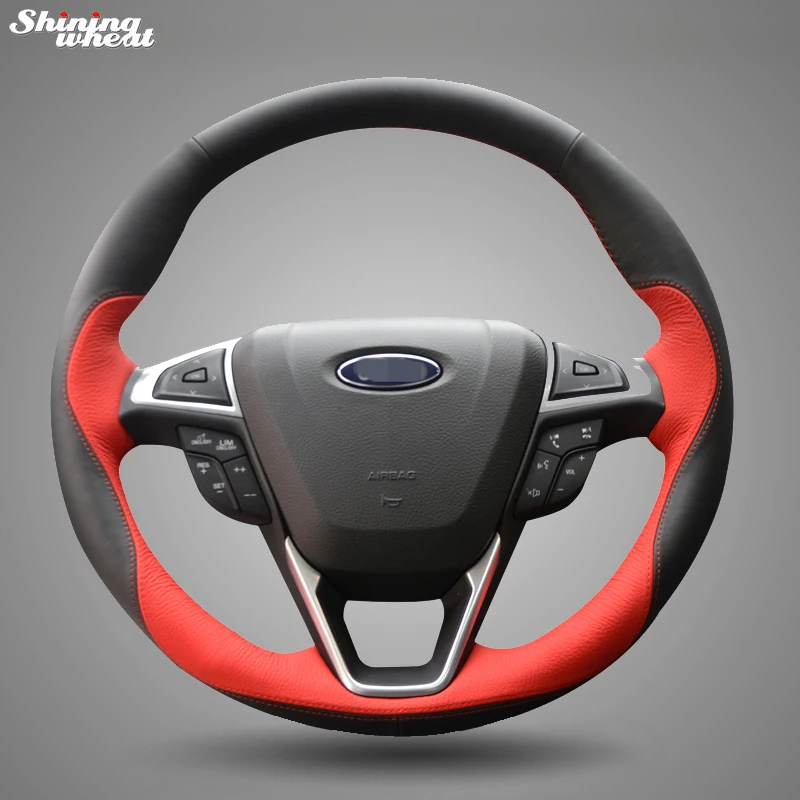 

Shining wheat Hand-stitched Black Red Leather Steering Wheel Cover for Ford Fusion New Mondeo 2013-2015