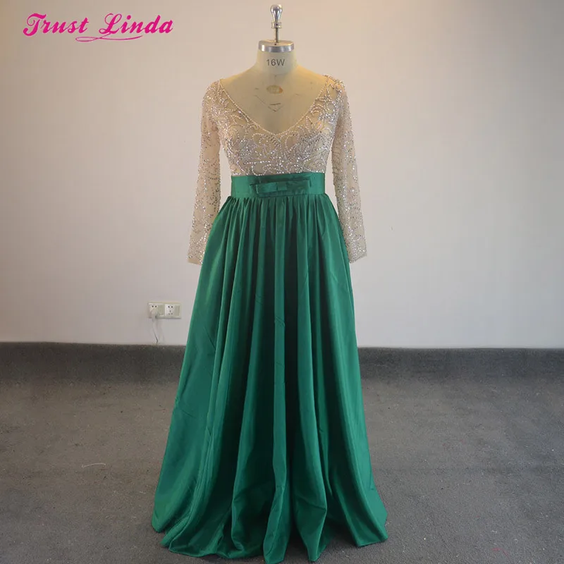 Amostra real 100% como imagem verde e rosa a-line plus size sexy decote em v miçangas cristal vestidos de noite longo vestido de baile