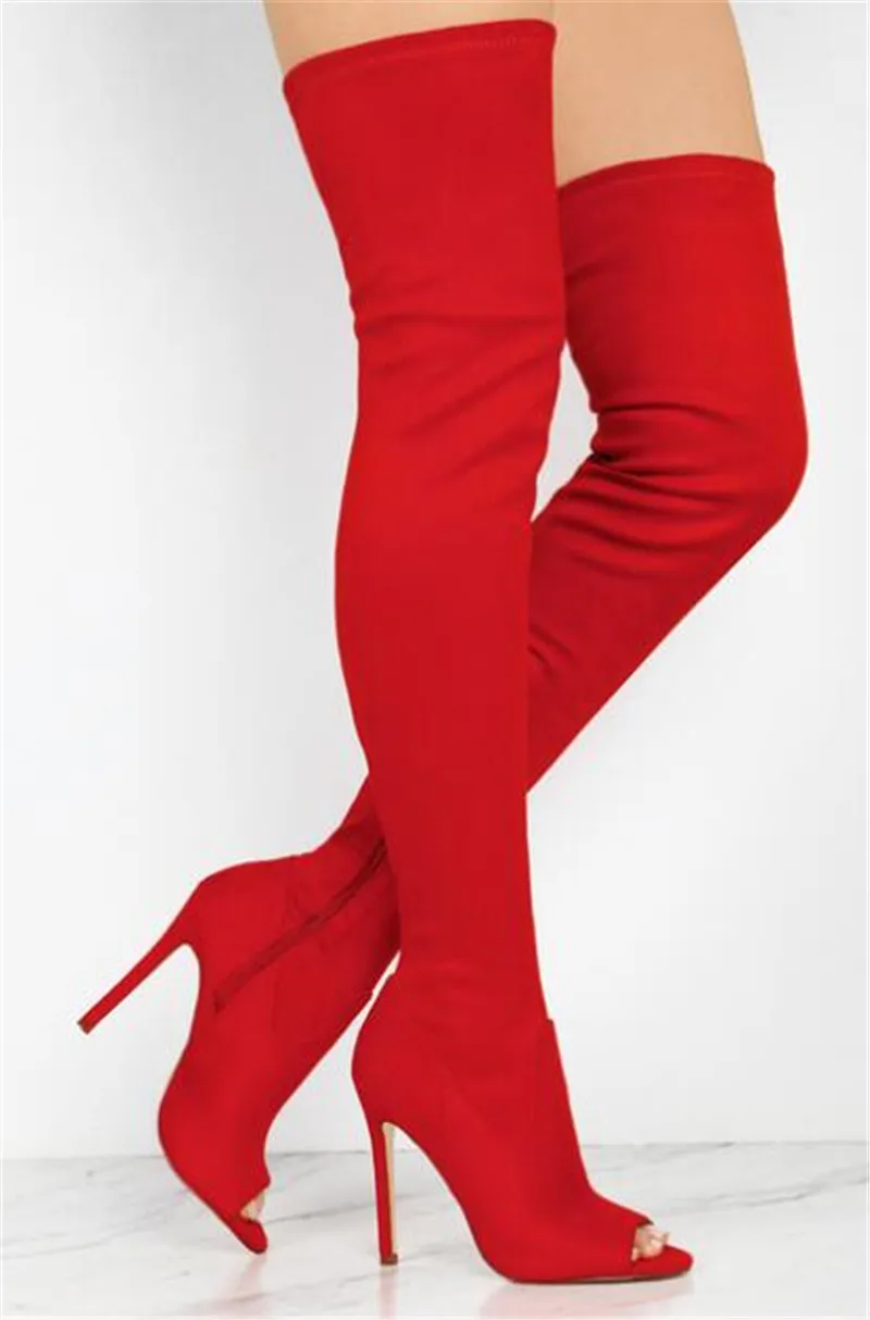 

Women Fashion Open Toe Red Black Suede Leather Over Knee Gladiator Boots Bandage Slim Style Long High Heel Boots Dress Boots