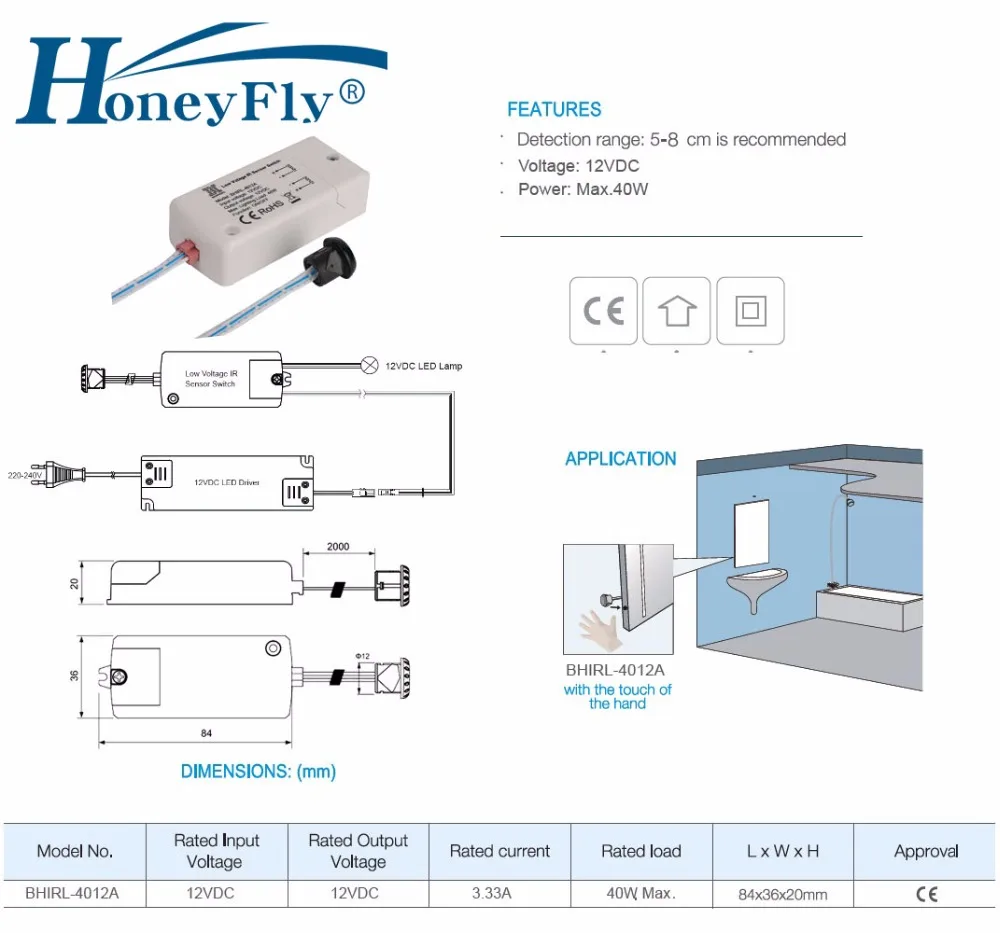 HoneyFly NEW LED DC12V IR Sensor Switch 40W Infrared Light Switch For LED Lamps LED Strips Motion Sensor Hand Wave 5-8CM CE