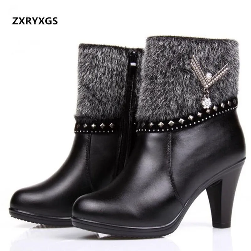 Noble Elegant Fashion Shoes Wool Warm Winter Boots Women Boots 2024 New Winter Genuine Leather Shoes Woman High Heels Snow Boots