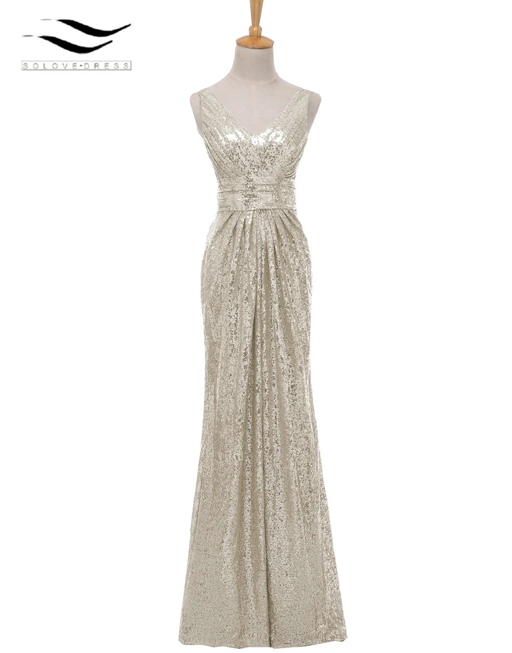 Solovedress sans manches Champagne une ligne Sequin col en V robe de soirée 2019 Photo réelle mode vestido de dama de honra SLE30036