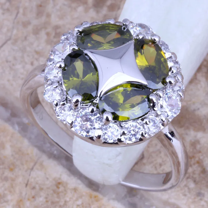 Magic Green Peridot White CZ Silver Plated  Women\'s Jewelry Ring Size 6 / 7 / 8 / 9 R0408