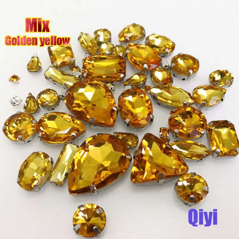 Sell at a loss! 50pcs/bag  mixed shape golden yellow sew on glass crystal rhinestones diy clothing accessories