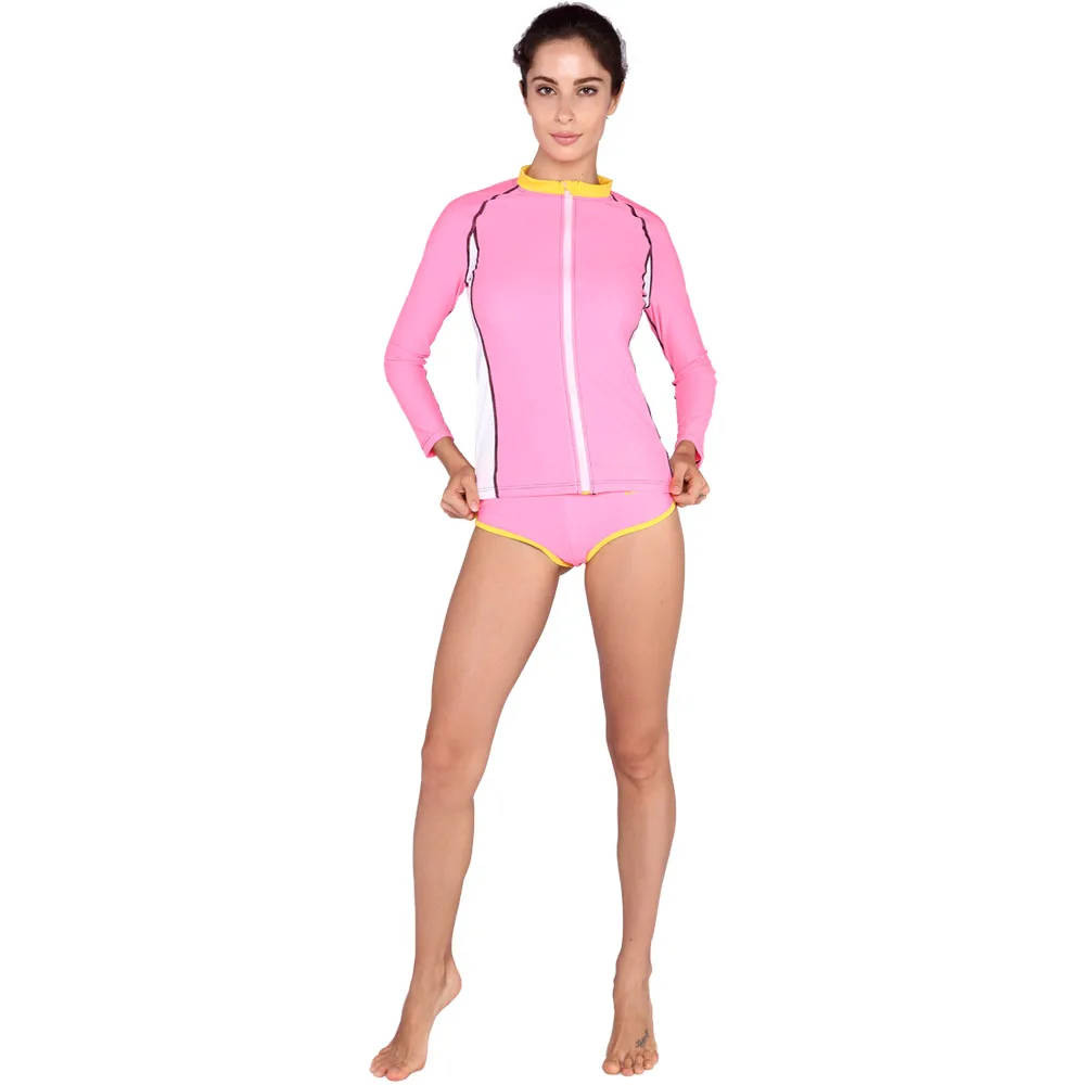 SABOLAY Women Lycra Zipper Suit Cardigan Sunscreen Long Sleeve Surf Diving Tops Short Pants Rashguards Swimming Shirt Swimsuit