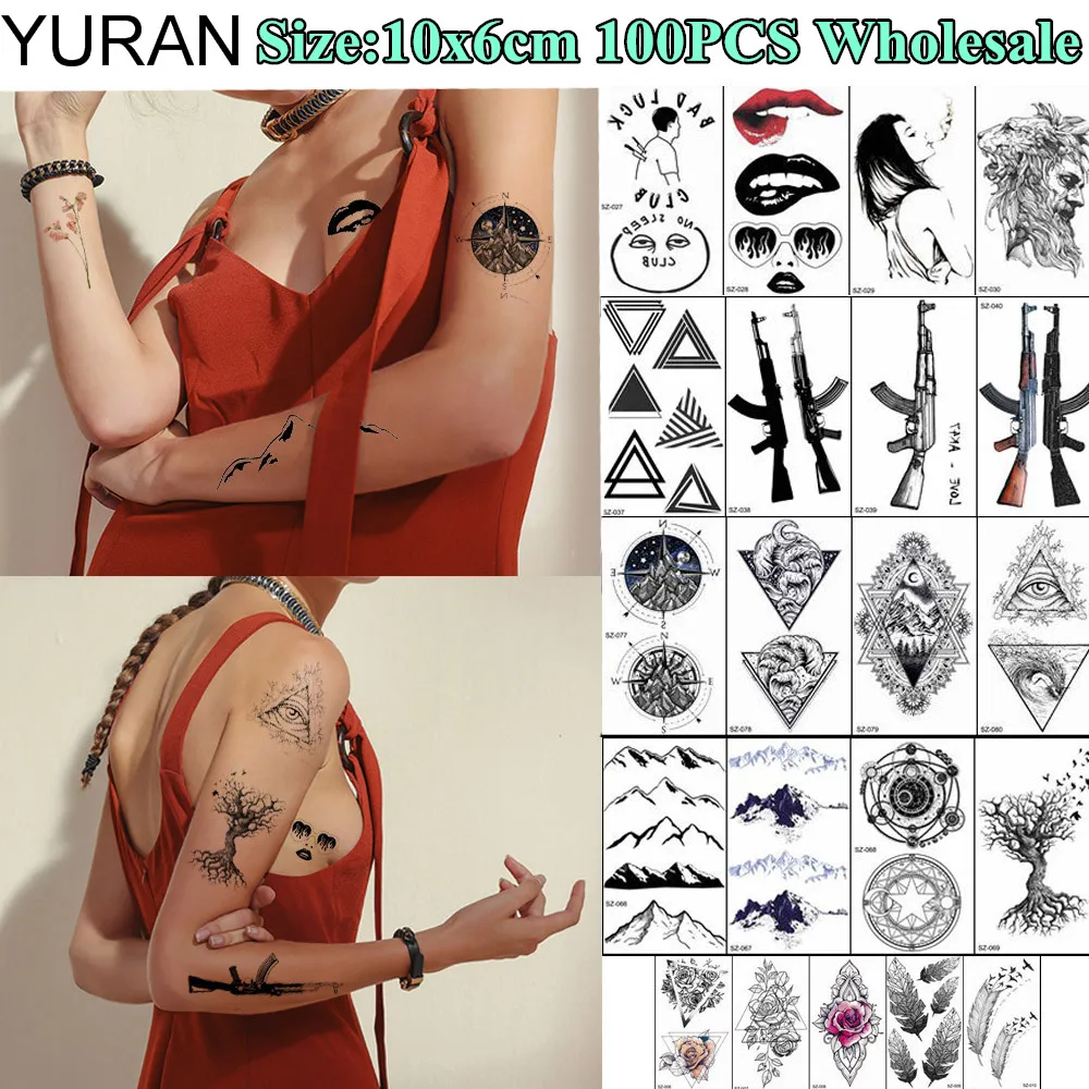 

YURAN 100 Pieces Wholesale 10x6CM Fake Tattoo Temporary Triangle Flower Body Art Tatoos For Men Women Henna Gun Tattoo Stickers