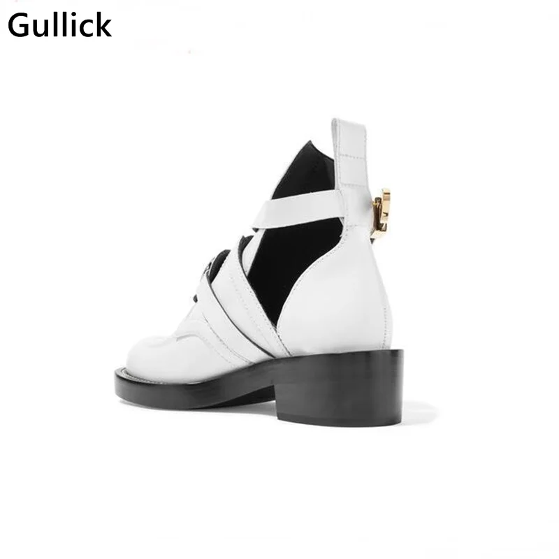 High Quality Luxury Spring Autumn Women White Ankle Boots Square Heels Buckle Hollow Leather Woman Punk Shoes Metal Decor