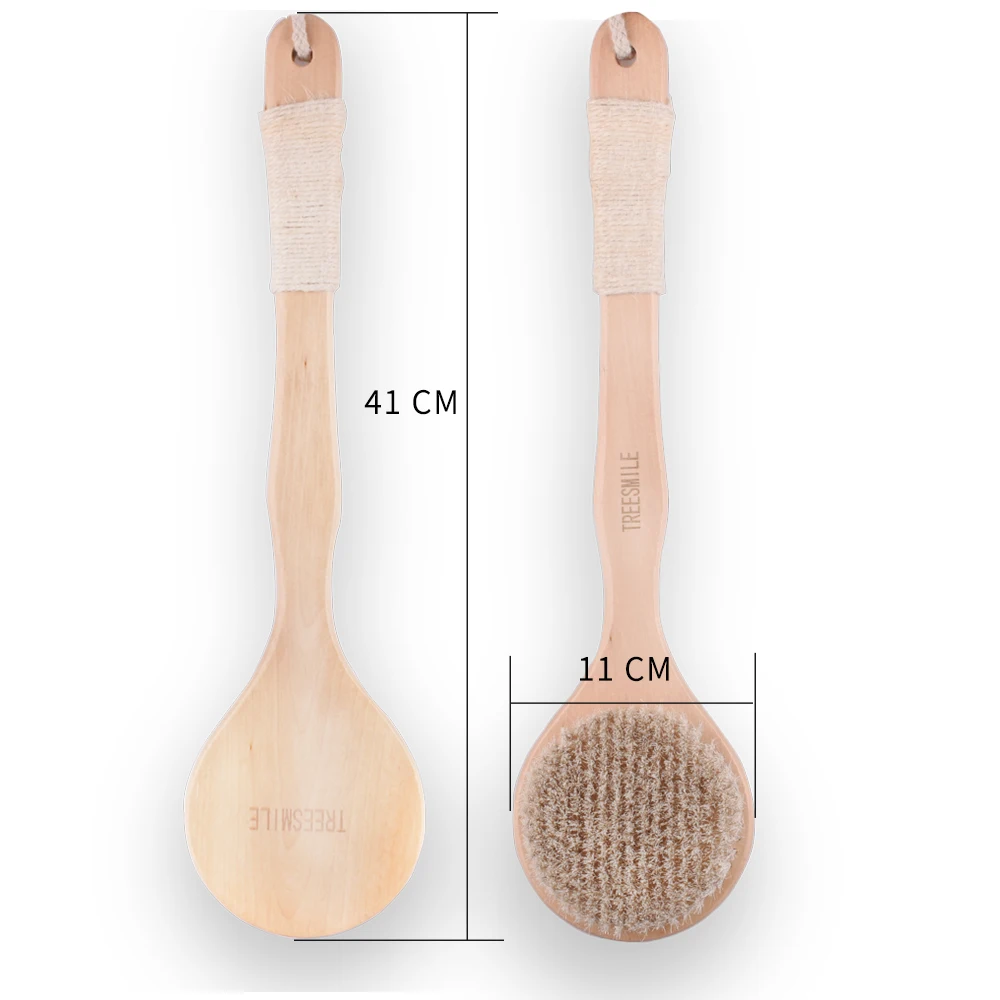 TREESMILE Natural horse hair  Long Anti-slip Handle Wooden Body Maasage Health Care Bath Brush for bath body scrub Shower  Brush