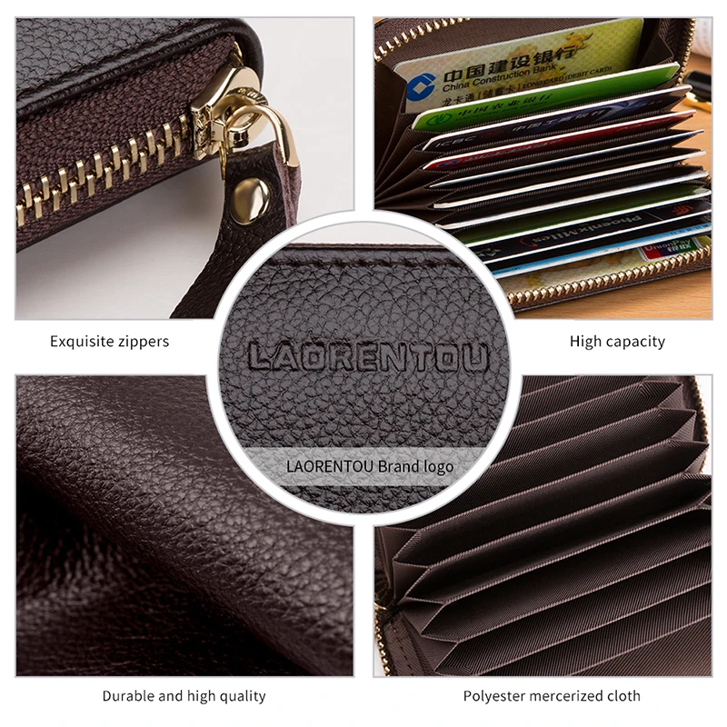 LAORENTOU Men Standard Short Wallet Genuine Leather High Quality Zipper Credit Card Holder Business Simple Coin Purse For Male