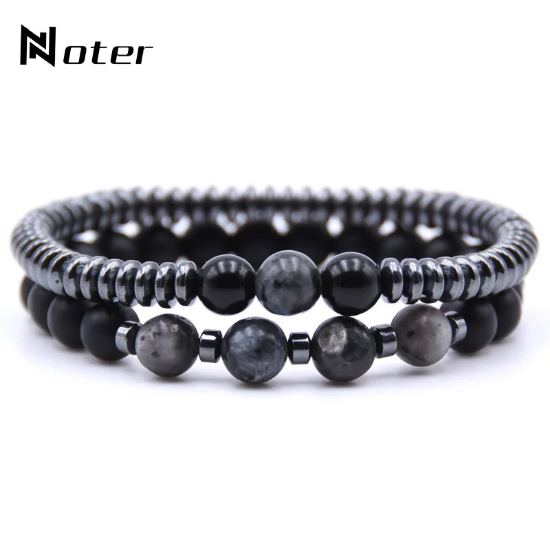 Noter 2pcs/pair Bracelet For Men 8mm Hematite Strand Couple Braslet Male Cool Biker Camping Distance Braclet Pulseira Homem Gift