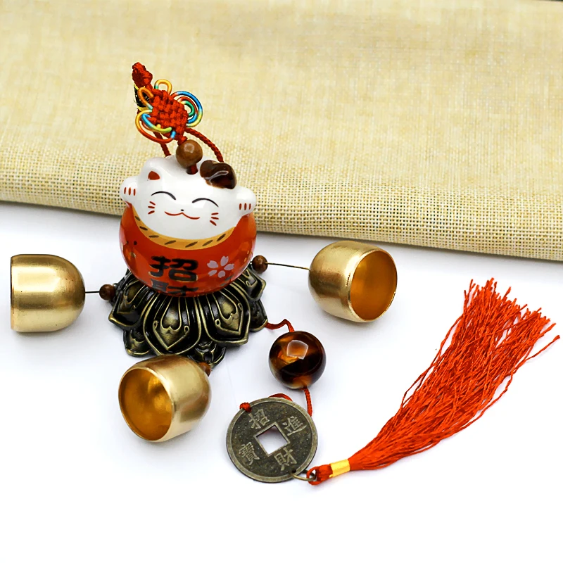 1 string Pure Copper Customized Ceramic Lucky cat Hanging Wind Bell Safe Luck Pendant Chimes Hanging
