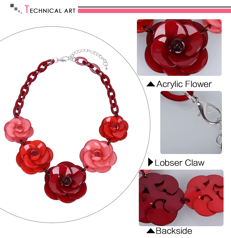 2018 New Fashion Acrylic Jewelry Women Retro Necklace Big Acrylic Rose Flowers Ornaments Necklace For Femme New Years Gift