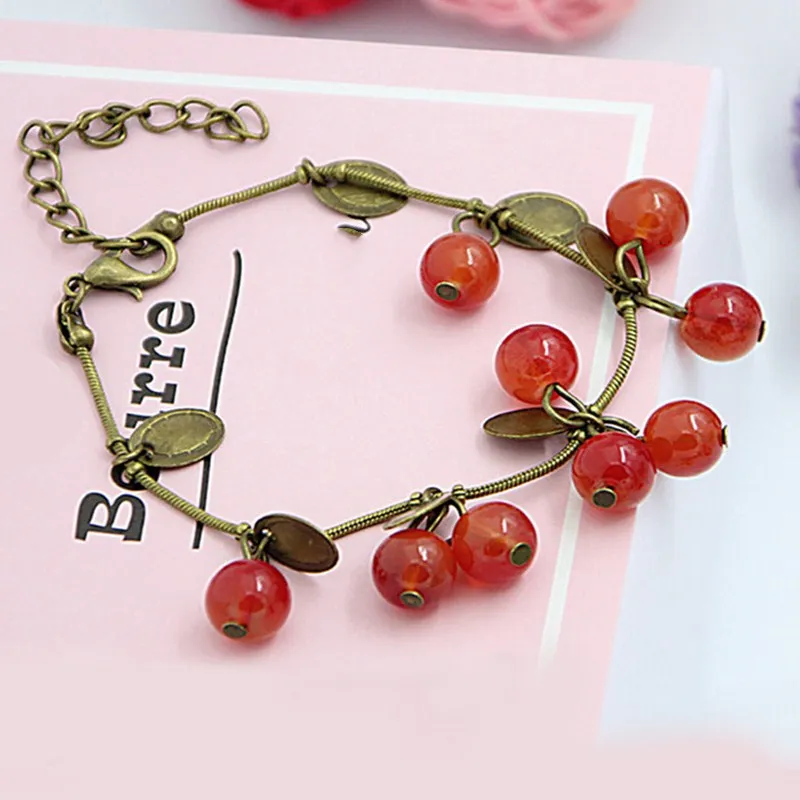 Vintage Sweet Cute Red Cherry Charm Bracelets for Women Small Coin Bead Beautiful Bracelet Girl Gift Mujer Pulseras Hot Sale