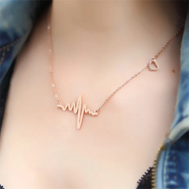 NK681 ECG Heart Clavicle Necklace Chain Dainty Collares Minimalist Heartbeat Pendants Collier Women Wedding Jewelry Girl Gift