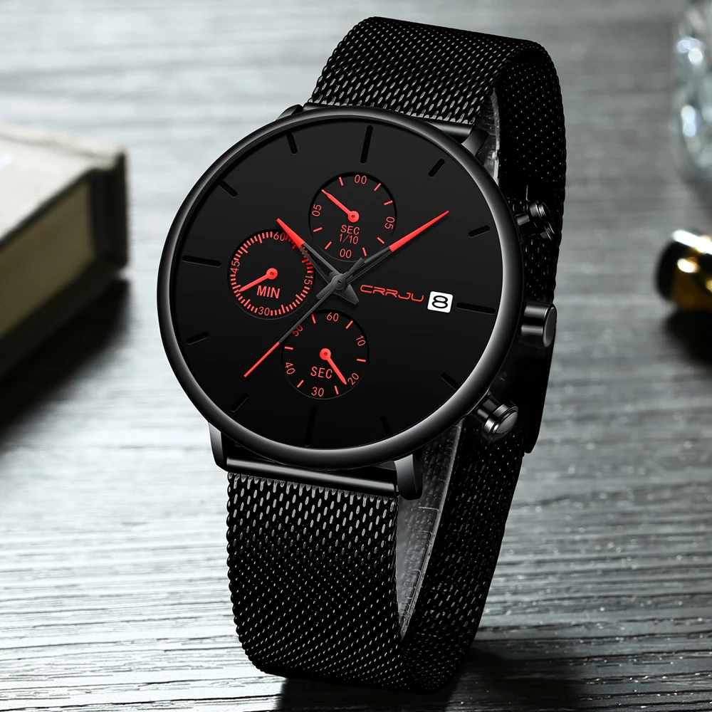 CRRJU-Reloj de pulsera deportivo de lujo para hombre, cronógrafo de cuarzo con correa de malla y fecha automática de acero inoxidable, diseño único, informal, a la moda