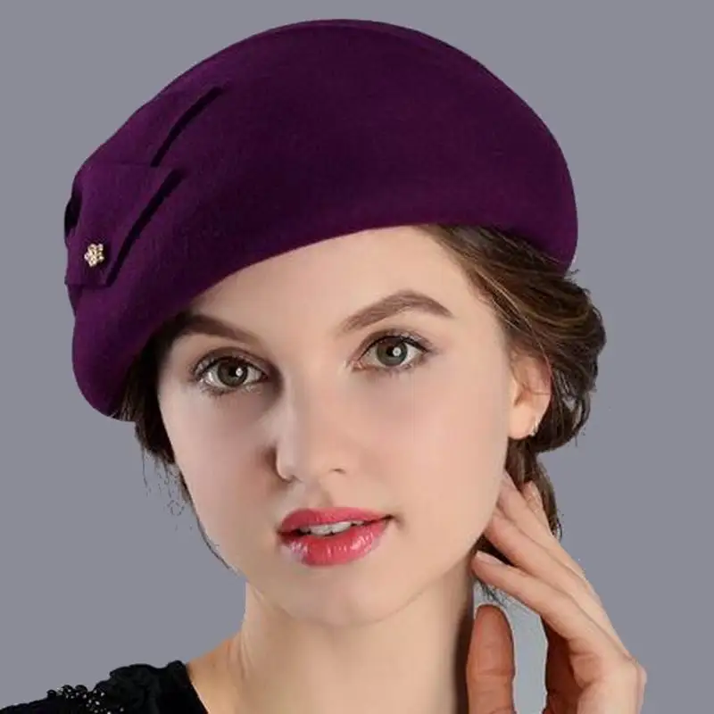 100% Wool Women Fashion Fedoras Lady Elegant British Style Double Flower Beret Hats Painter Cap for Spring Fall Winter Season M1