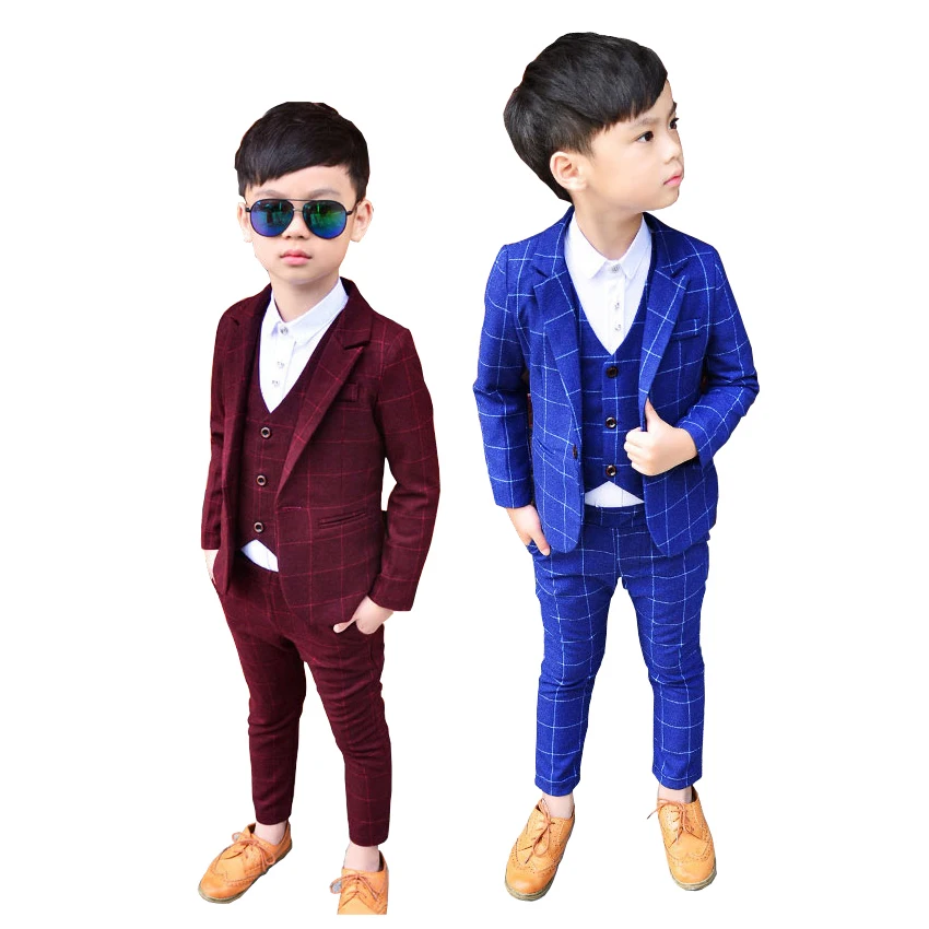 New 3Pcs Kids Plaid Wedding Blazer Suit Brand Flower Boys Formal Tuxedos School Suit Child Party Dress Clothing Set Costume N67