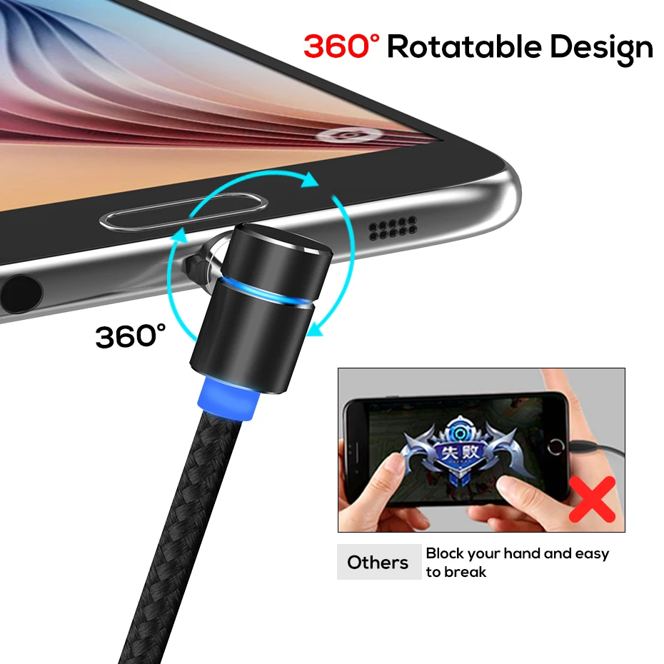 TOPK L-Line1 1M & 2M LED Magnetic Micro USB Cable 90 Degree L Shape Magnet USB Charger Cable for Micro USB Port and Connectors