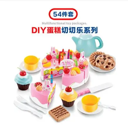 

54pcs Kitchen Pretend Play House Dishes Kid Toy Cutting Birthday Cake Food Toy Kitchen Plastic Play Food Tea Set 2021