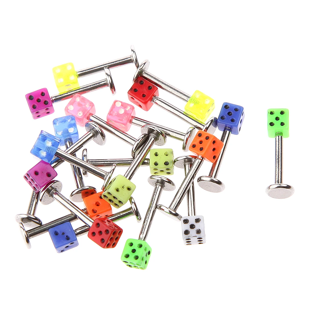 20PCs Dice Labrets Lip Ear Bone Bar Stud Chin Tongue Ring Body Piercing Jewelry