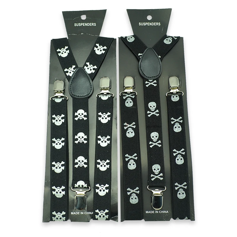 Women Men`s Unisex Clip-on Braces Elastic Slim Suspender 1inch wide "2 Shiny Skull" Design Mix Polyester Y-back Suspenders