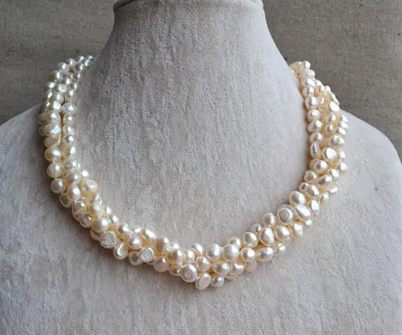 Perfect Pearl Necklace ,Charming 4 Strands White Color Baroque Shape 100% Real Freshwater Pearl Necklace, AA 6-7MM 18 inches