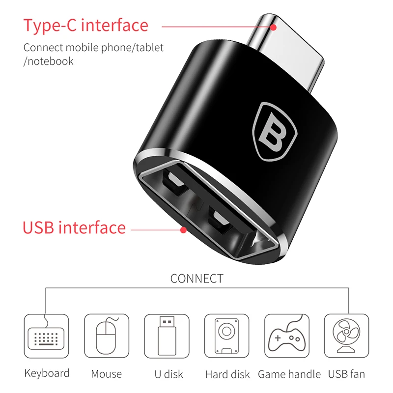 Baseus adaptador usb fêmea para tipo c macho, adaptador otg tipo c para samsung galaxy s9 xiaomi conversor otg usb