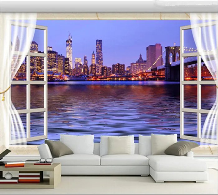 The latest 3D three-dimensional mural, 3D window city night view, wall of TV wall bedroom wall paper