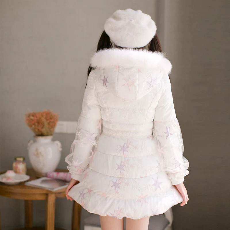 Princess sweet lolita parkas Candy rain winter Japanese Sweet Princess lace fox fur coat Middle and long slim down C22CD7218