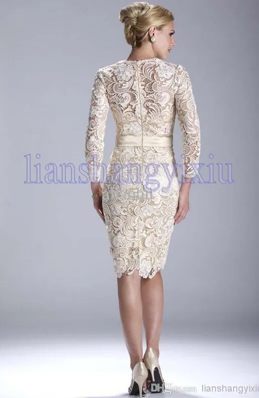 Champagne-vestidos de encaje hasta la rodilla para madre de la novia, Vestido corto Formal de talla grande, con lazo, para boda, 2018