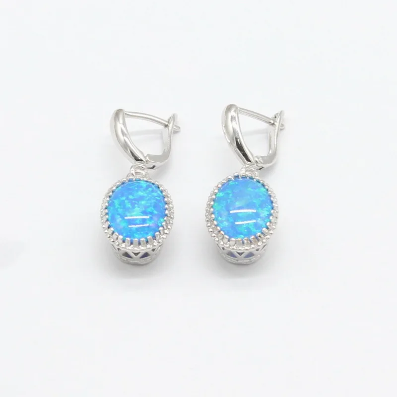 Round Fire Blue Opal Stones Silver Color Jewelry Sets For Women Necklace Pendant Drop Earrings Rings Free Gift Box