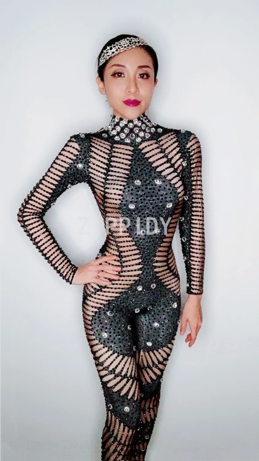 Moda Strass Preto Longo Festa Mangas Jumpsuit das Mulheres Bodysuit Spandex Roupa Cantora Dança Desgaste da Noite do Sexo Feminino