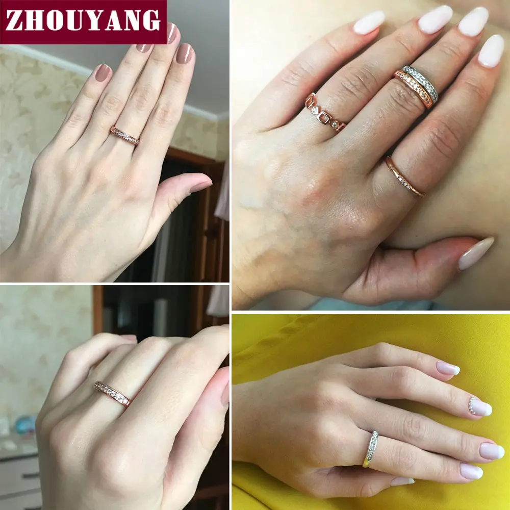 ZHOUYANG-Anillo de boda para mujer, Micro insertos clásicos de circonia cúbica, anillo de compromiso de boda, joyería de Color oro rosa R062