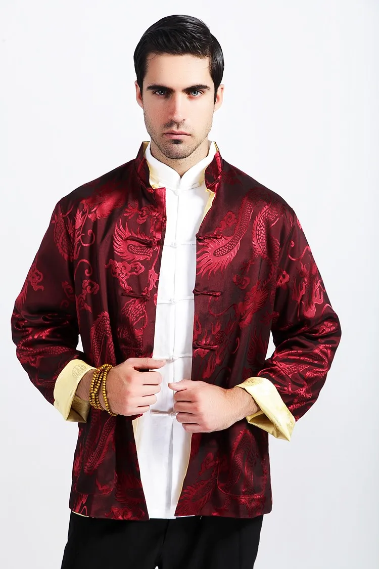 

Burgundy Gold Chinese Men Reversible Coat Silk Satin Jacket Kung Fu Tang Suit Two Sided Overcoat Size M L XL XXL XXXL