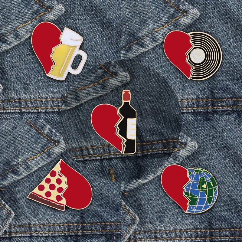 Enamel Pin set Broken Heart Wine Bottle Earth CD Pizza Beer Creative Brooch and Pins Clothing Accessories Cartoon Badge Jewelry
