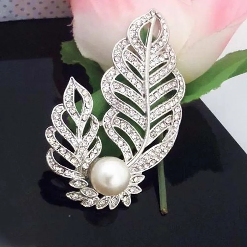 3 Inch Huge Vintage Style Clear Austria Crysal Imitation Pearl Leaf Design Women Brooch Best Gift Pin Brooches