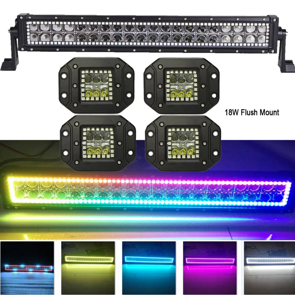 

120W 22" LED Light Bar w/ RGB Halo Ring MultiColor Changing lots Chasing+4pcs 18W Flush Mount Pods Offroad Remote Control ATV