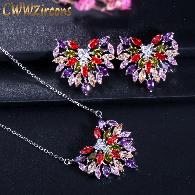 Cwwzircon романтические Женские аксессуары разноцветный кубический цирконий Кристалл Модные женские ювелирные изделия набор серьги и ожерелье T222