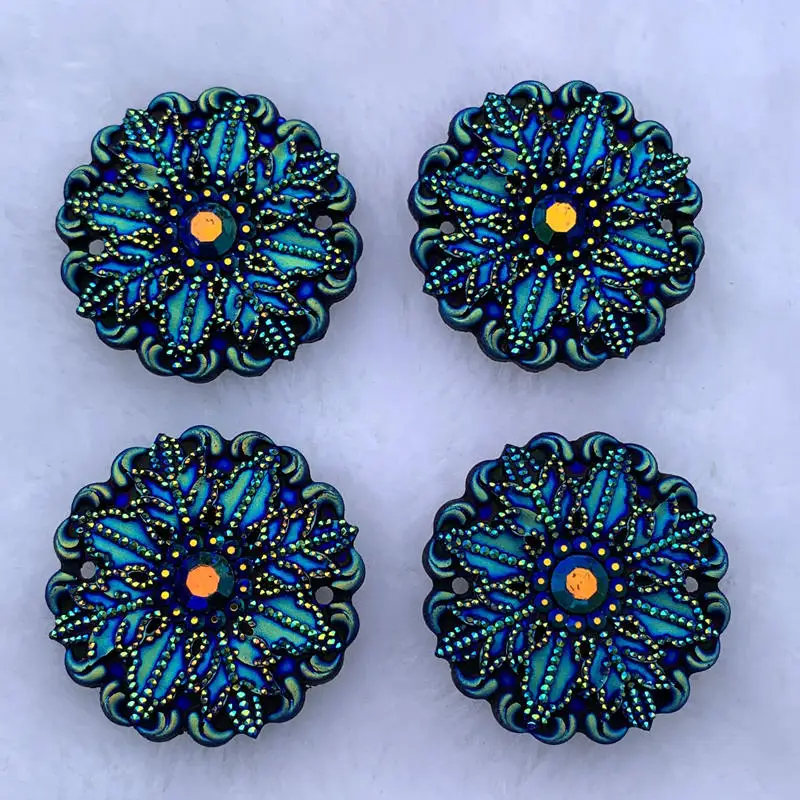 4pcs Round & Flower Powwow Flat Back Resin Rhinestone Stones and black AB Gems For DIY Costume Button Crafts 35mm -S03