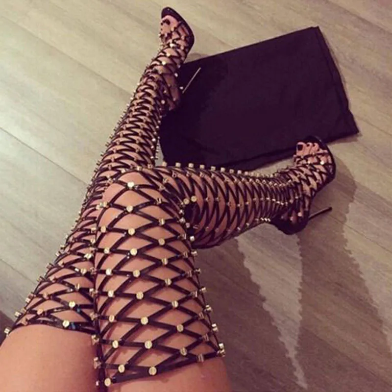 

Sexy Rivets Studs Crossed Leather Strappy Hollow out Sandals Boots Pointed Toe Thin High Heel Over Knee Boots Runway Long Botas