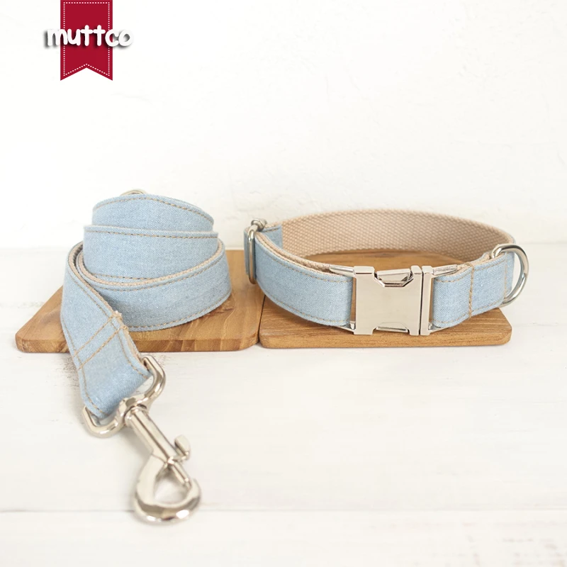 MUTTCO retailing self-designed dog accessory THE LIGHT JEAN handmade collar wathet blue 5 sizes dog collar and leash set UDC034