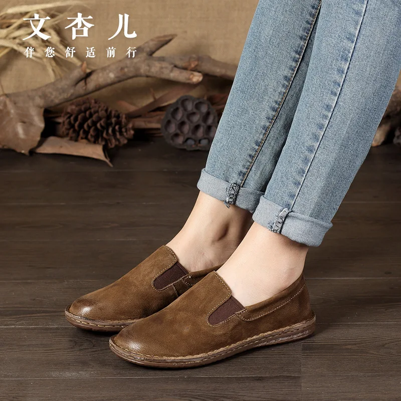 Whensinger -2023 Genuine Leather Women's Flat Shoes Casual Loafers Slip On Women Shoes Flats Soft Moccasins Lady Driving Shoes