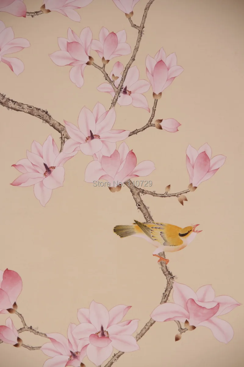 Hand-painted silk wallpaper painting Magnolia flower with birds hand painted wall paper wallcovering many arts/colors optional