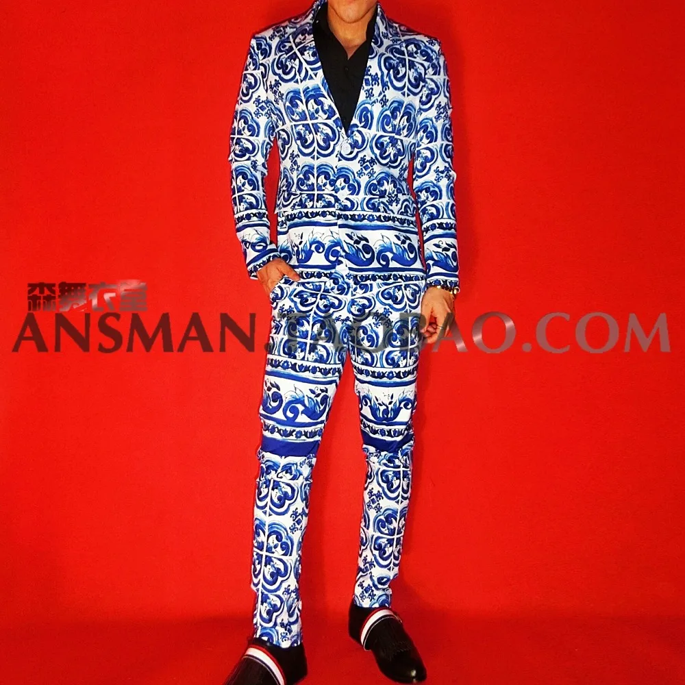 New Men Chinese Wind Blue and White Porcelain Suits NightClub male singer DJ model  high-end stretch satin suit costumes